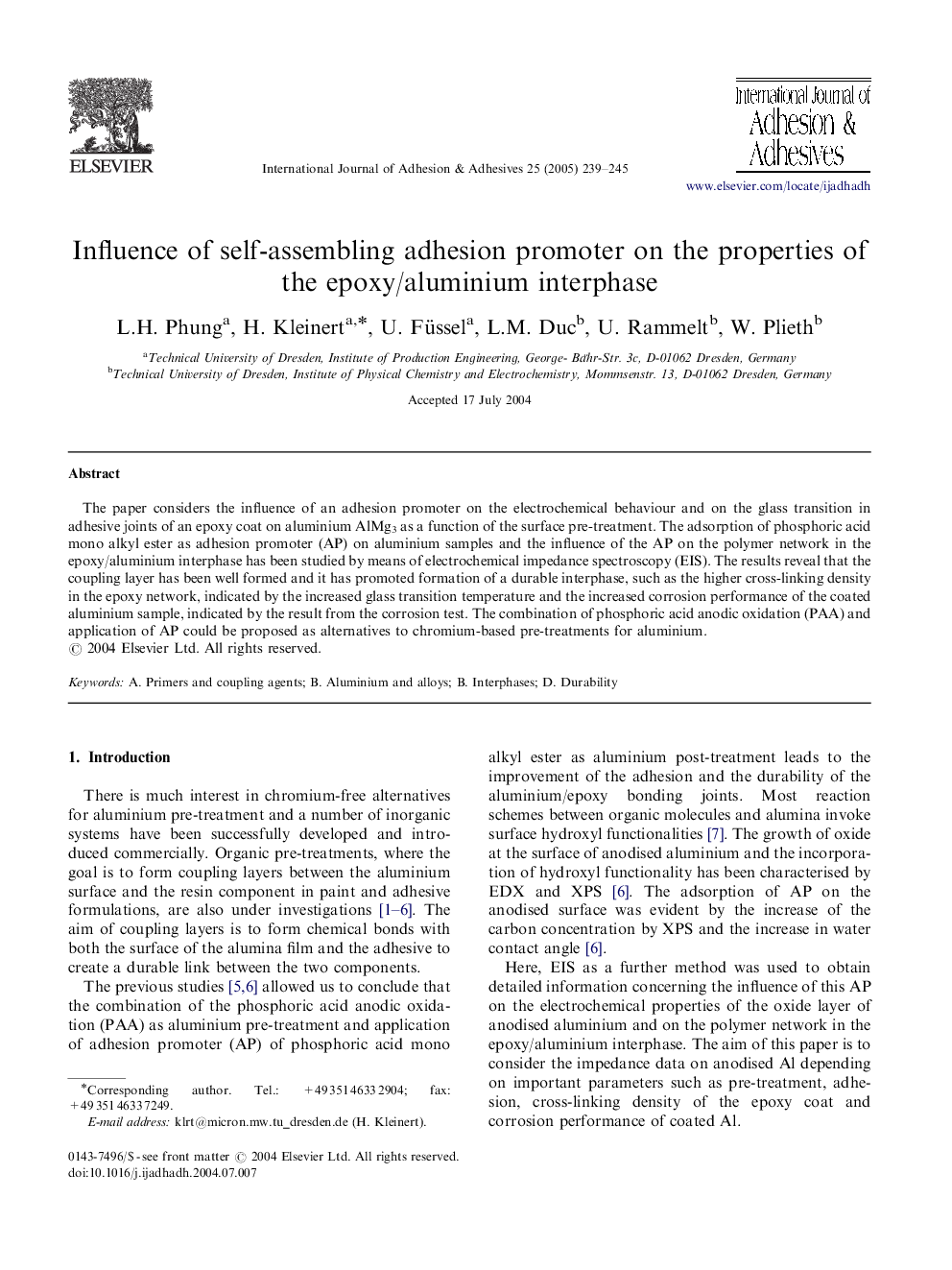 Influence of self-assembling adhesion promoter on the properties of the epoxy/aluminium interphase