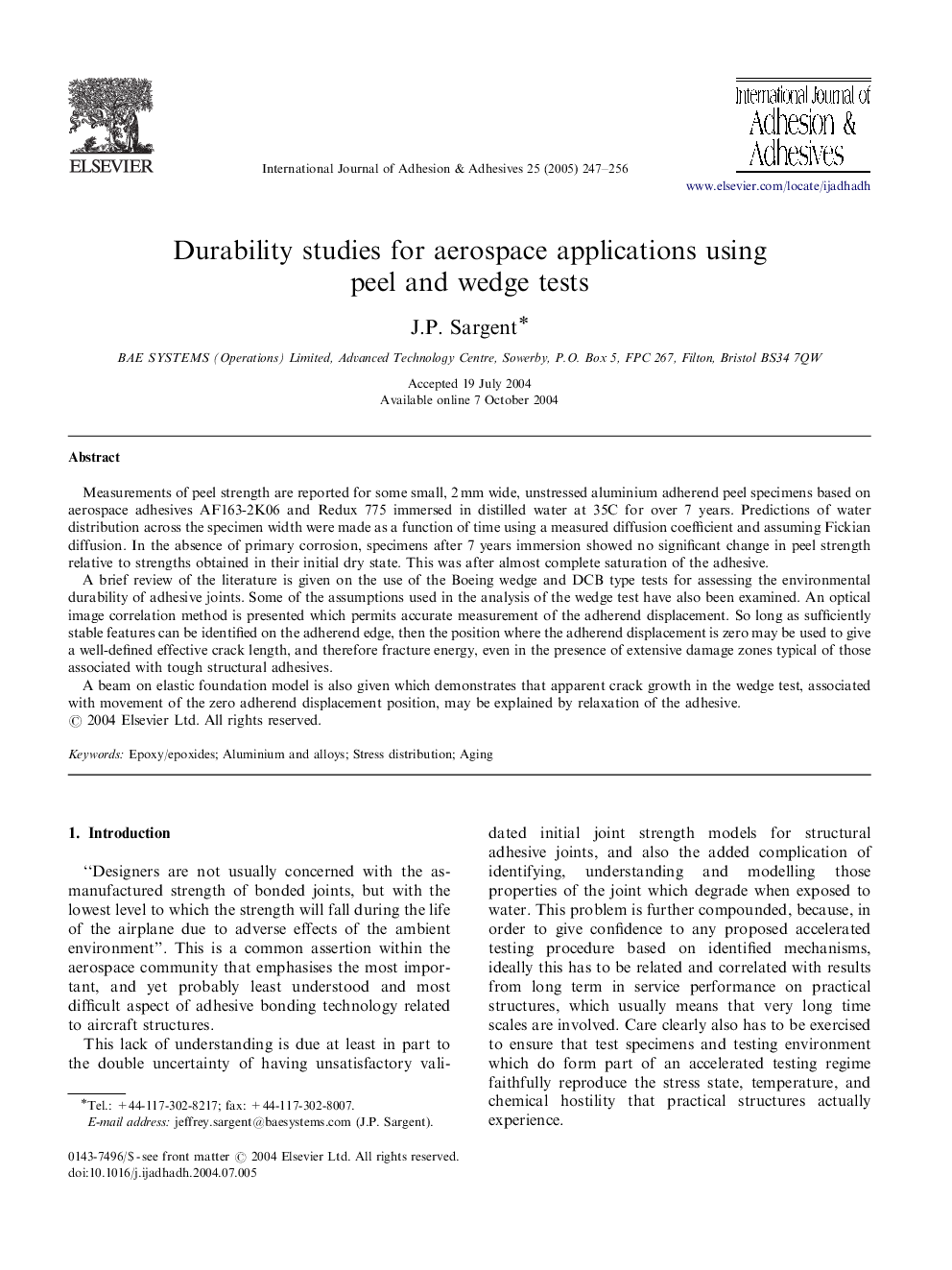 Durability studies for aerospace applications using peel and wedge tests