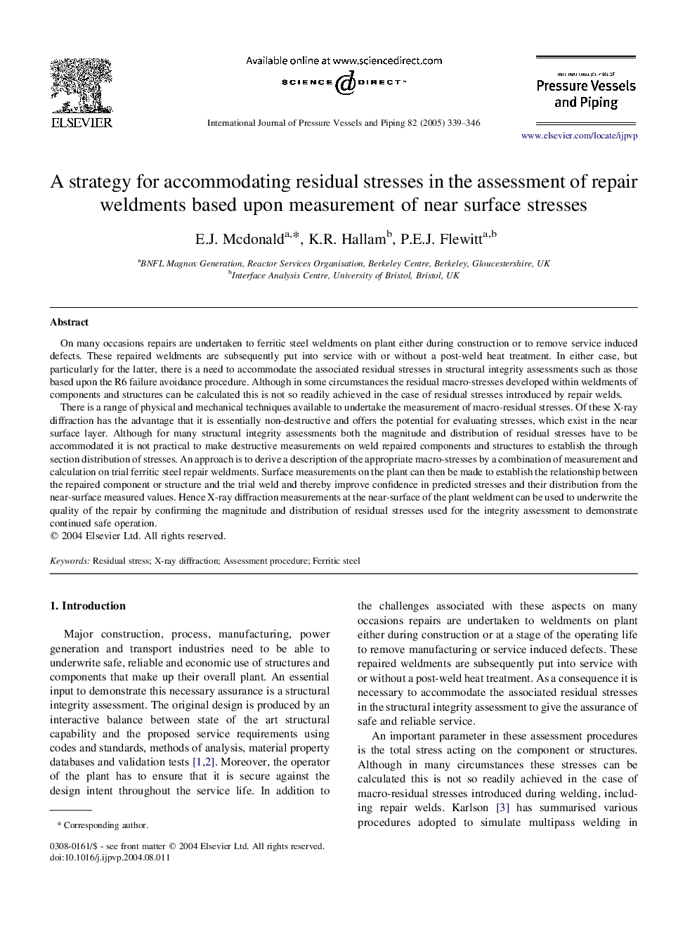 A strategy for accommodating residual stresses in the assessment of repair weldments based upon measurement of near surface stresses