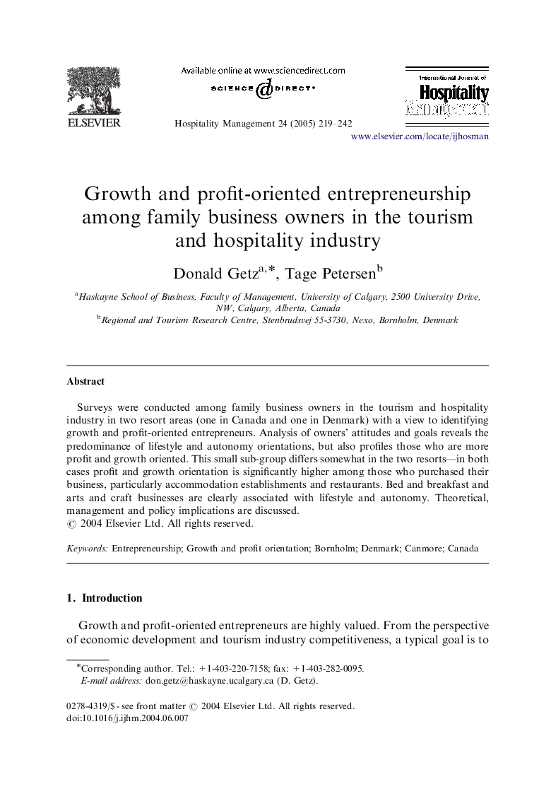 Growth and profit-oriented entrepreneurship among family business owners in the tourism and hospitality industry
