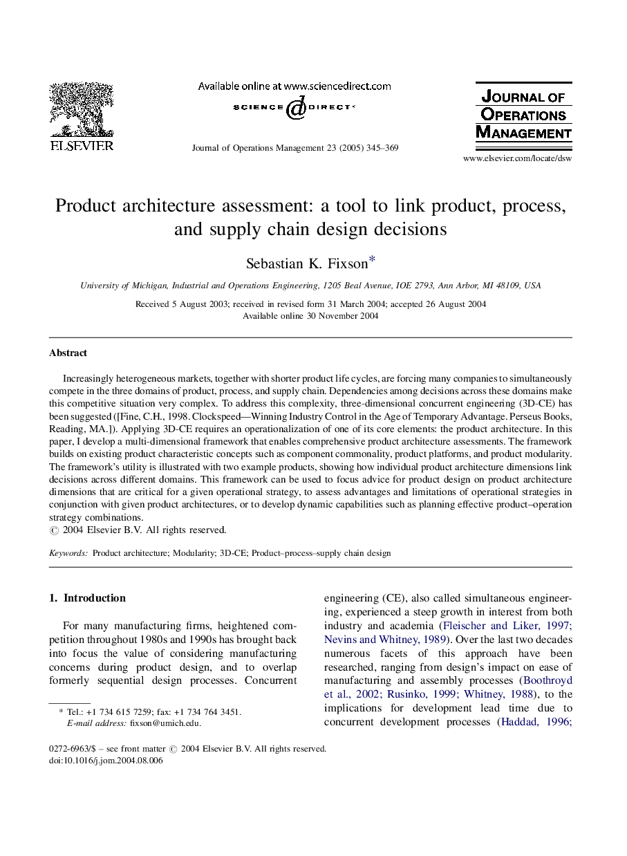 Product architecture assessment: a tool to link product, process, and supply chain design decisions