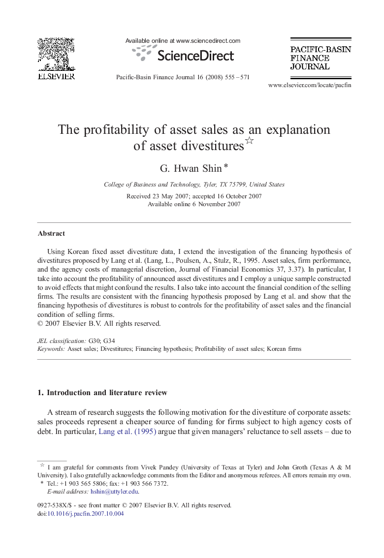 The profitability of asset sales as an explanation of asset divestitures 