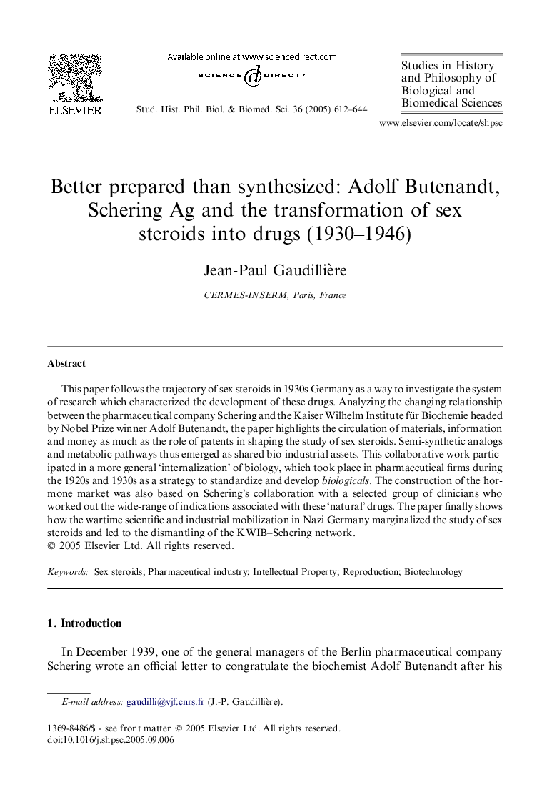 Better prepared than synthesized: Adolf Butenandt, Schering Ag and the transformation of sex steroids into drugs (1930-1946)