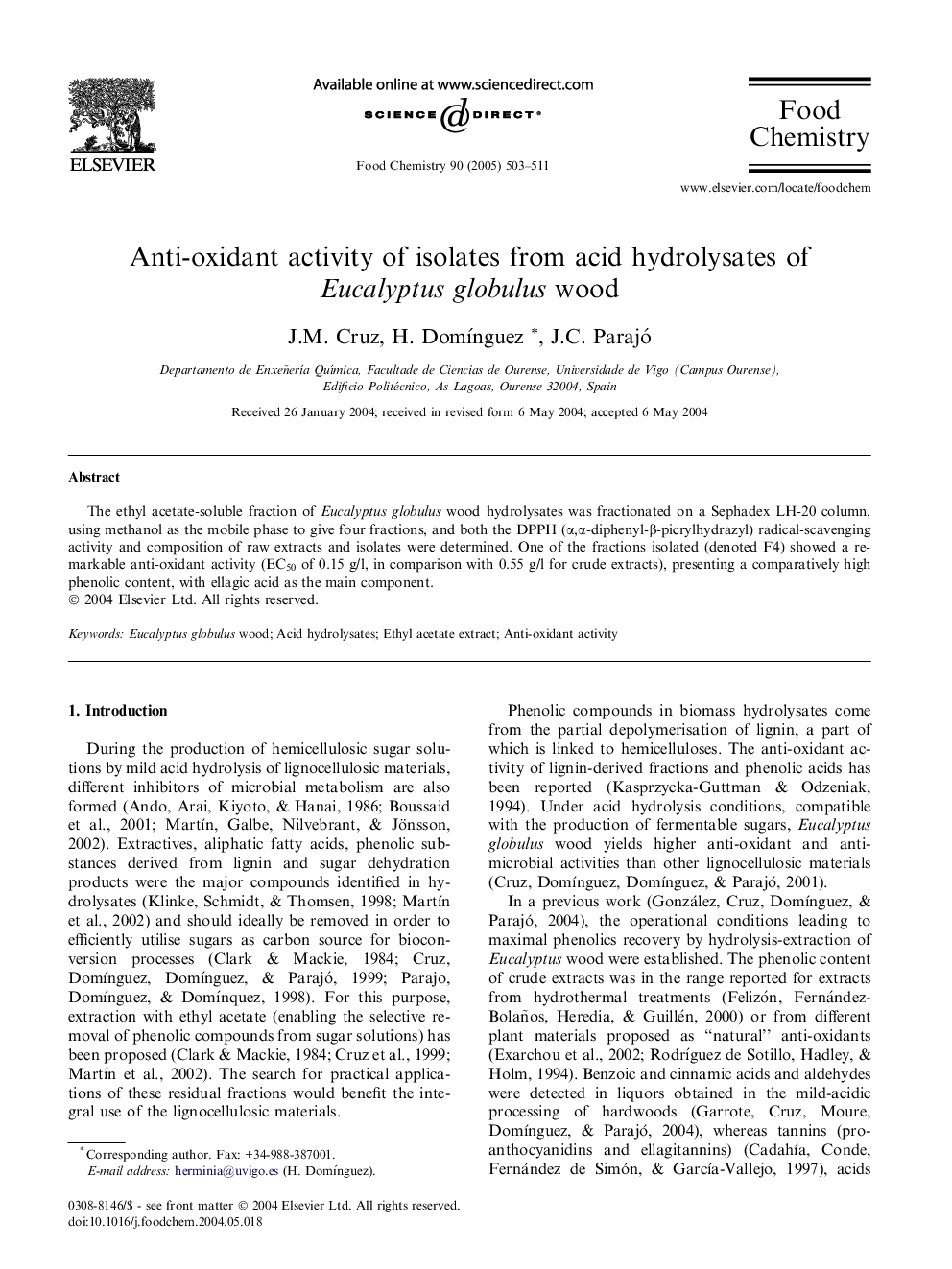 Anti-oxidant activity of isolates from acid hydrolysates of Eucalyptus globulus wood