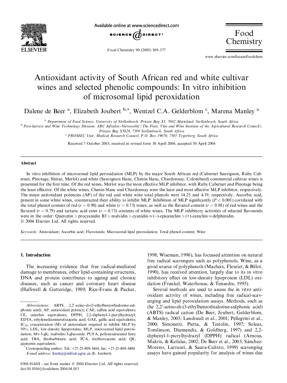 Antioxidant activity of South African red and white cultivar wines and selected phenolic compounds: In vitro inhibition of microsomal lipid peroxidation