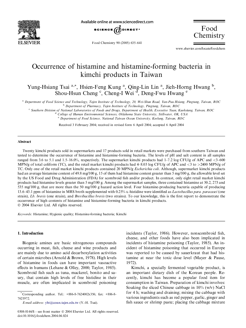 Occurrence of histamine and histamine-forming bacteria in kimchi products in Taiwan