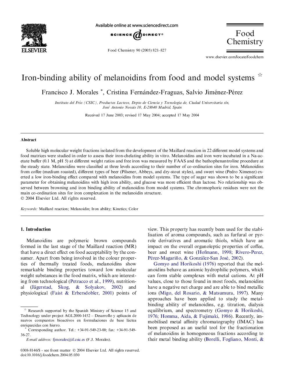 Iron-binding ability of melanoidins from food and model systems
