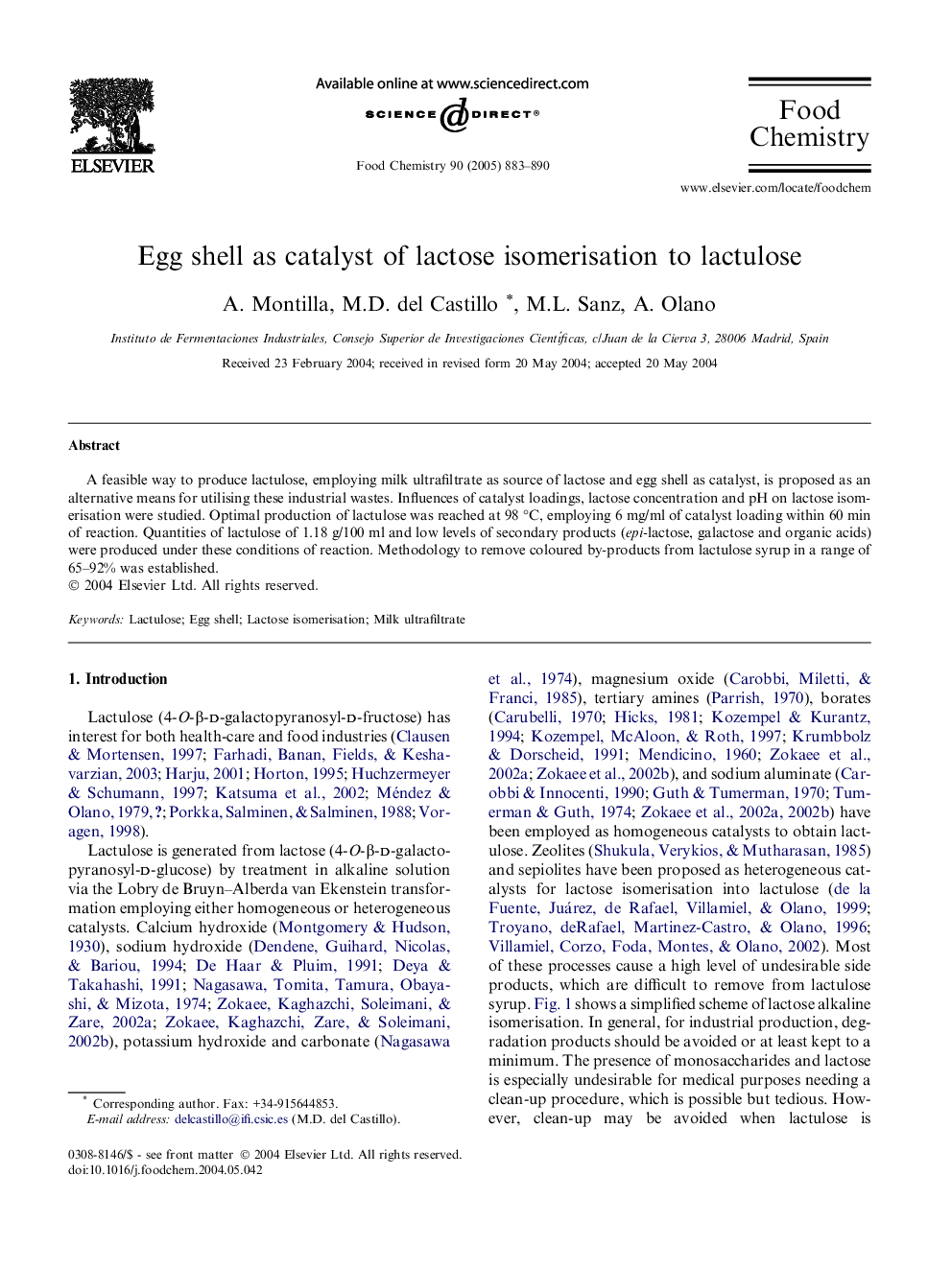 Egg shell as catalyst of lactose isomerisation to lactulose