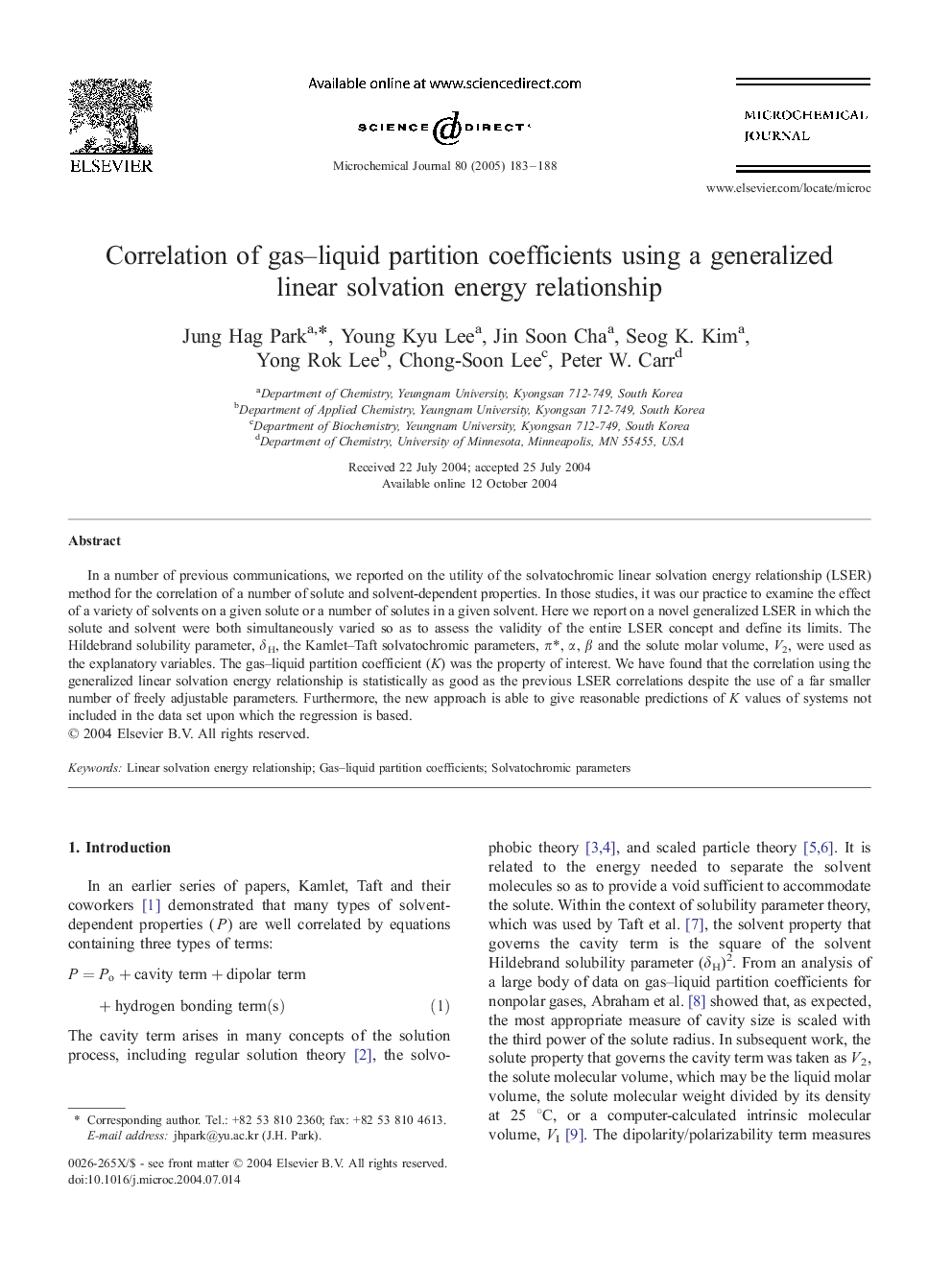 Correlation of gas-liquid partition coefficients using a generalized linear solvation energy relationship
