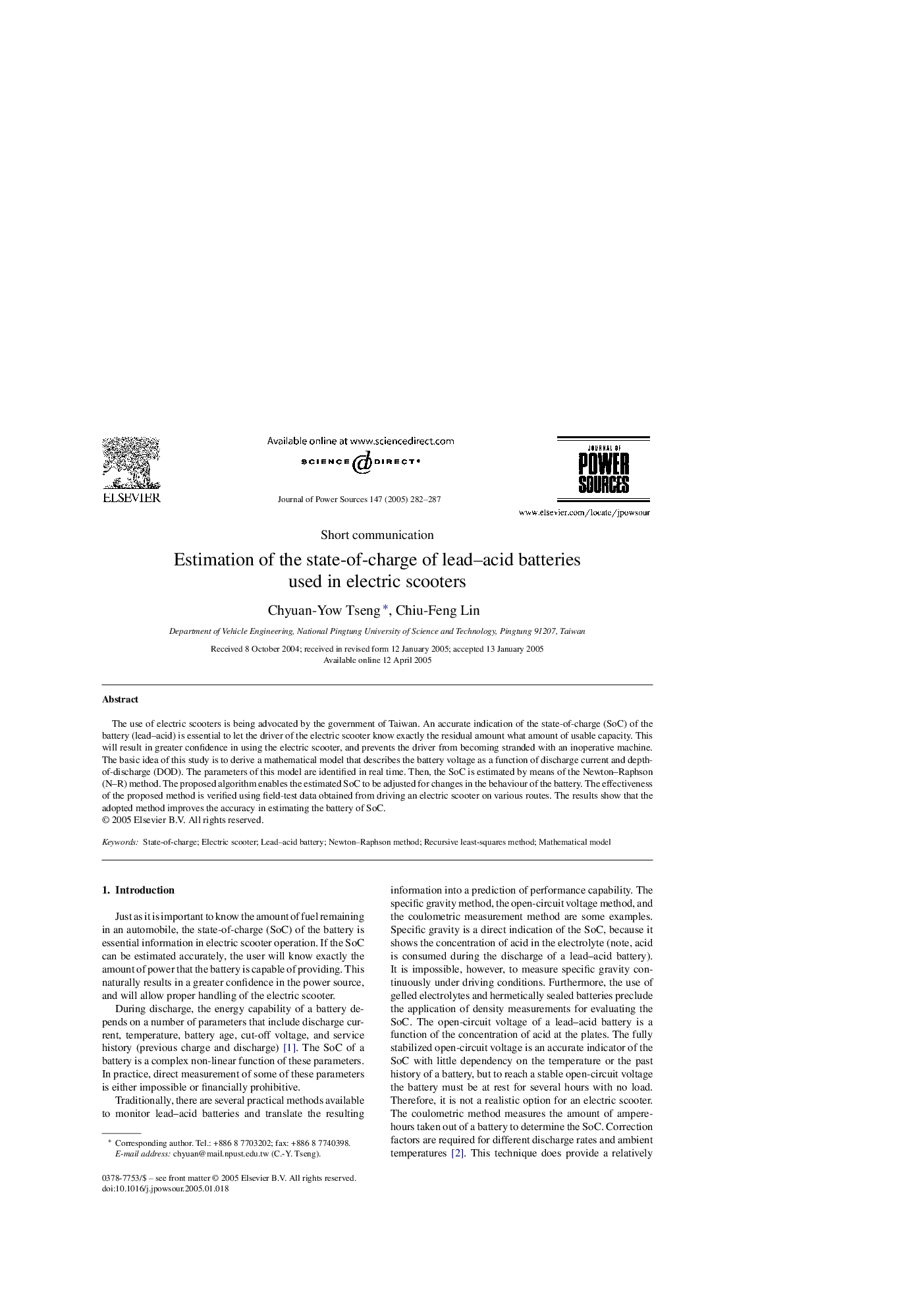 Estimation of the state-of-charge of lead-acid batteries used in electric scooters