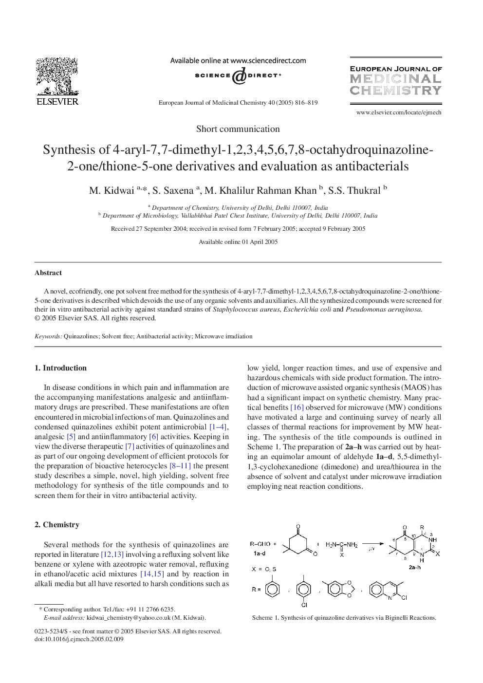 Synthesis of 4-aryl-7,7-dimethyl-1,2,3,4,5,6,7,8-octahydroquinazoline-2-one/thione-5-one derivatives and evaluation as antibacterials