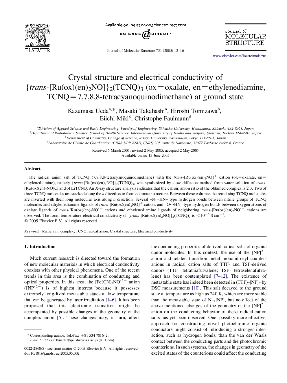 Crystal structure and electrical conductivity of {trans-[Ru(ox)(en)2NO]}2(TCNQ)3 (ox=oxalate, en=ethylenediamine, TCNQ=7,7,8,8-tetracyanoquinodimethane) at ground state