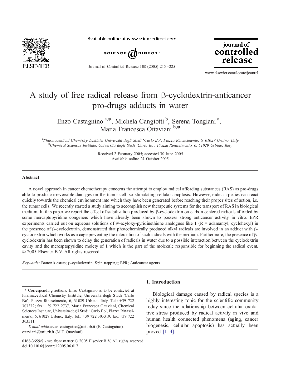 A study of free radical release from Î²-cyclodextrin-anticancer pro-drugs adducts in water