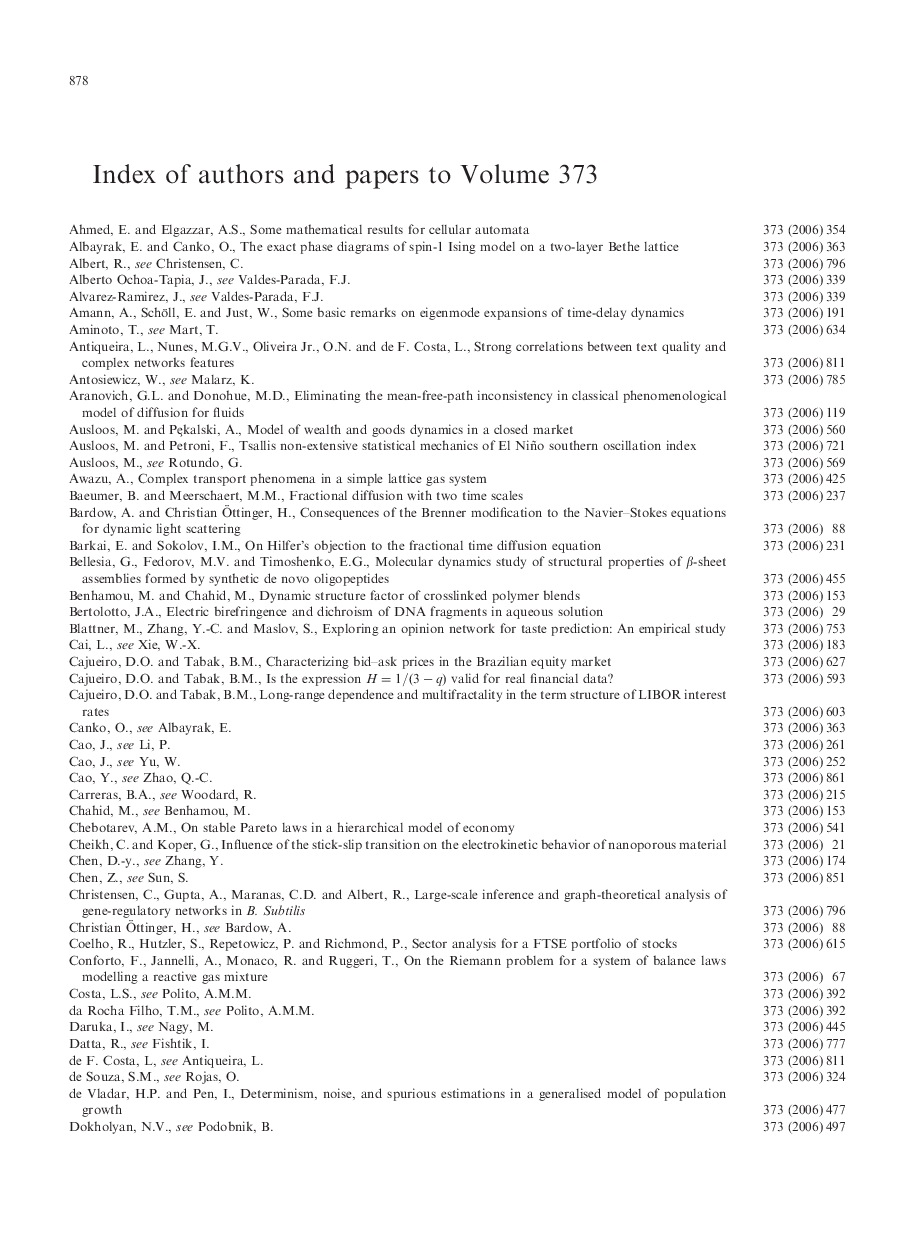 Index of authors and papers to Volume 373
