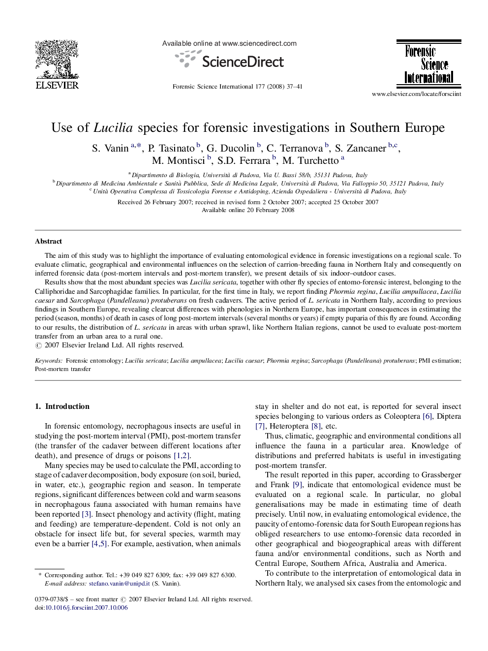 Use of Lucilia species for forensic investigations in Southern Europe