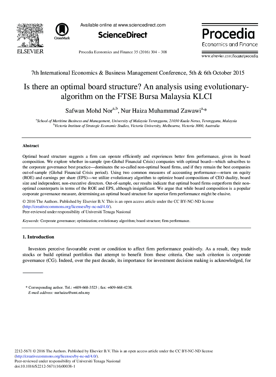 آیا یک ساختار مطلوب هیئت مدیره وجود دارد؟ تجزیه و تحلیل با استفاده از الگوریتم های تکاملی در FTSE بورسا مالزی KLCI