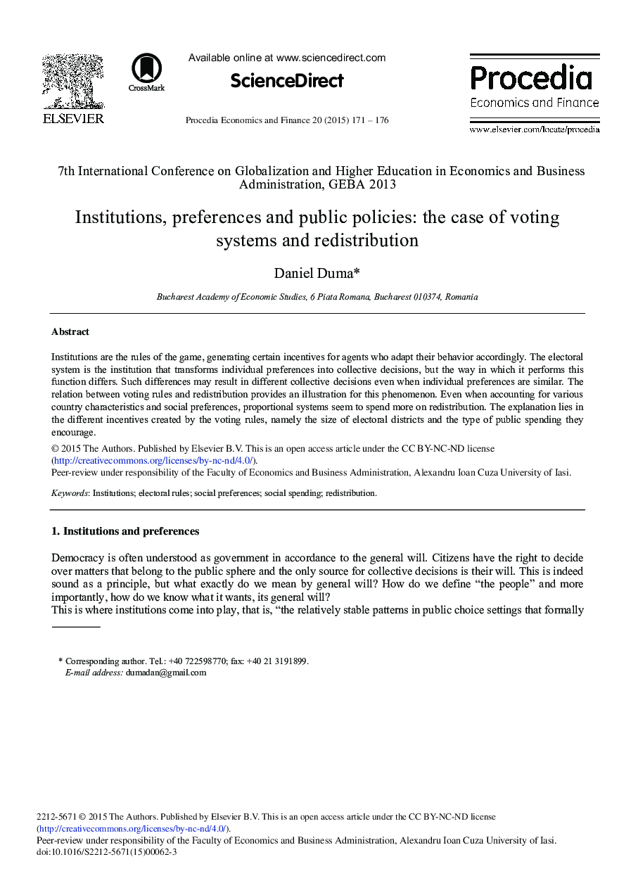 Institutions, Preferences and Public Policies: The Case of Voting Systems and Redistribution 