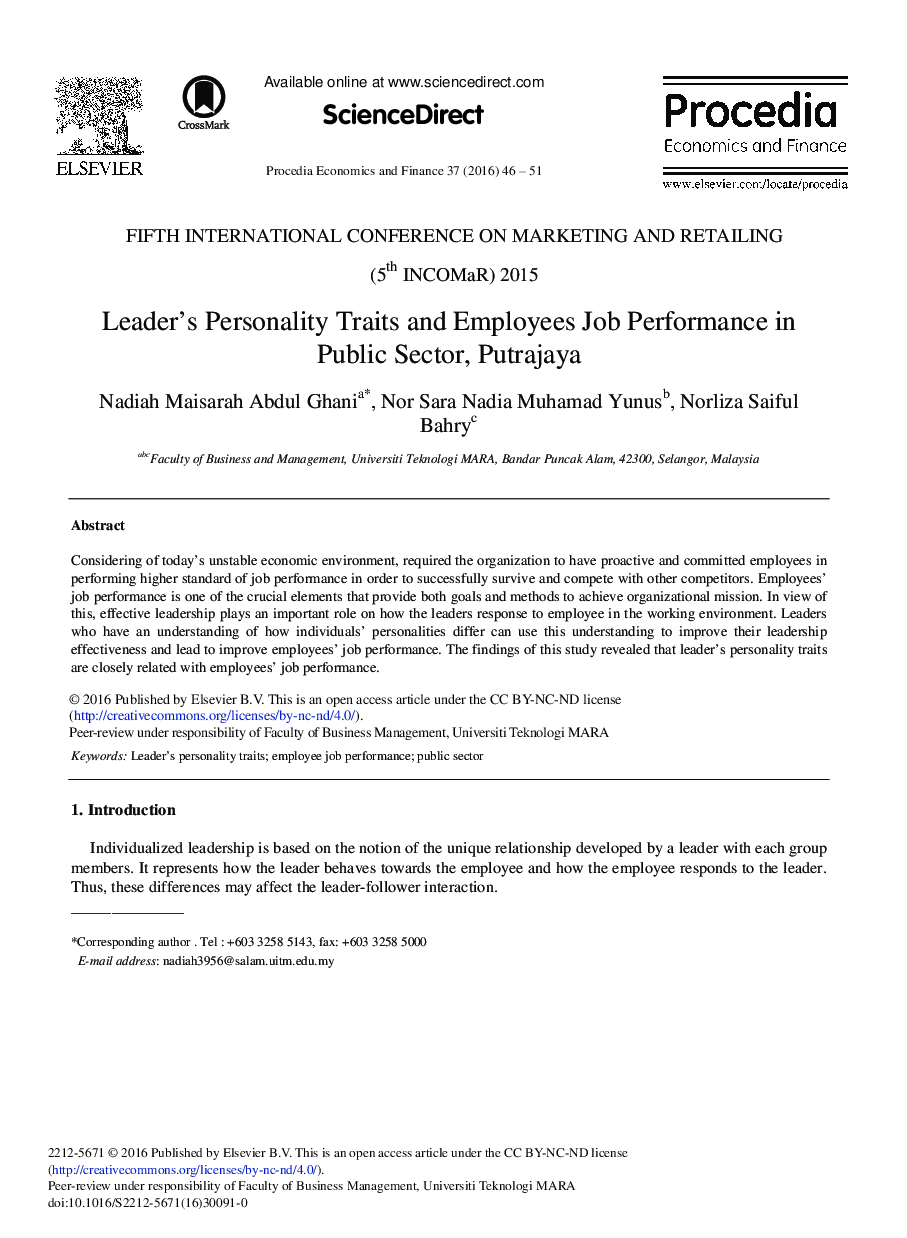 Leader's Personality Traits and Employees Job Performance in Public Sector, Putrajaya 