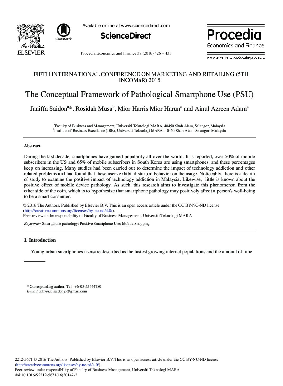 The Conceptual Framework of Pathological Smartphone Use (PSU) 