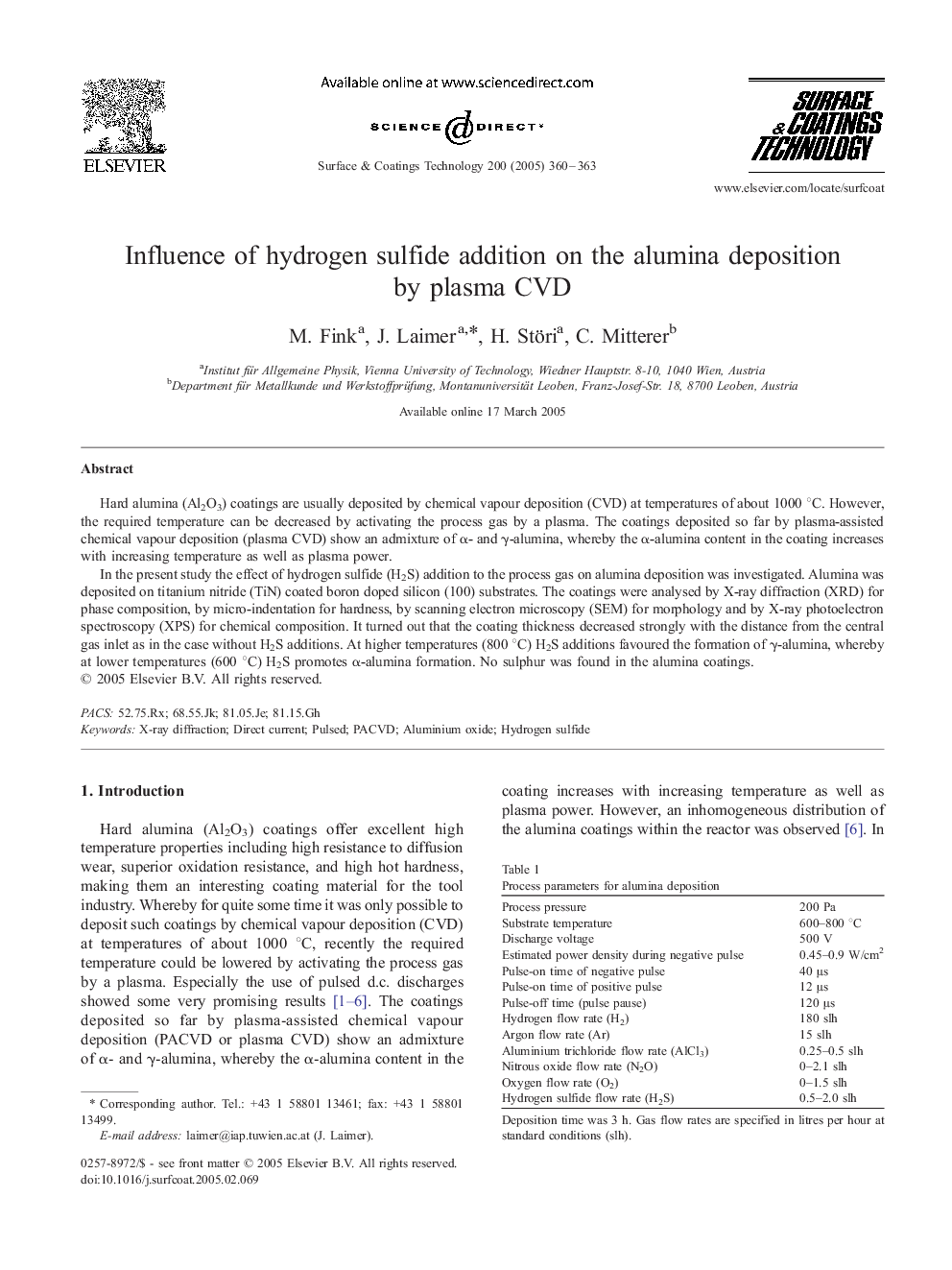 Influence of hydrogen sulfide addition on the alumina deposition by plasma CVD