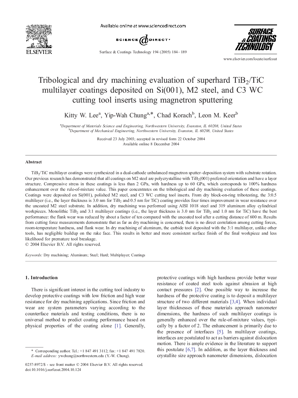 Tribological and dry machining evaluation of superhard TiB2/TiC multilayer coatings deposited on Si(001), M2 steel, and C3 WC cutting tool inserts using magnetron sputtering