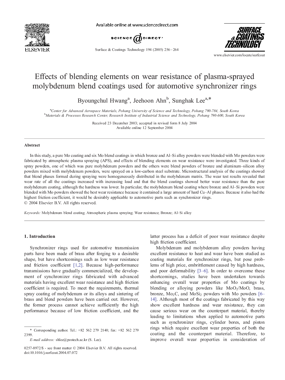 Effects of blending elements on wear resistance of plasma-sprayed molybdenum blend coatings used for automotive synchronizer rings