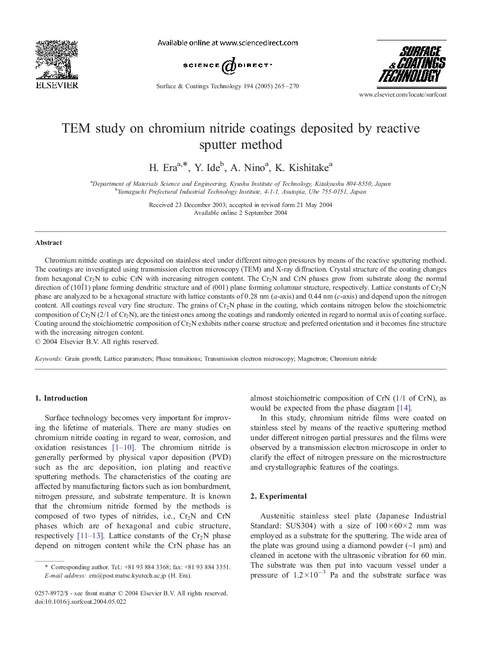 TEM study on chromium nitride coatings deposited by reactive sputter method