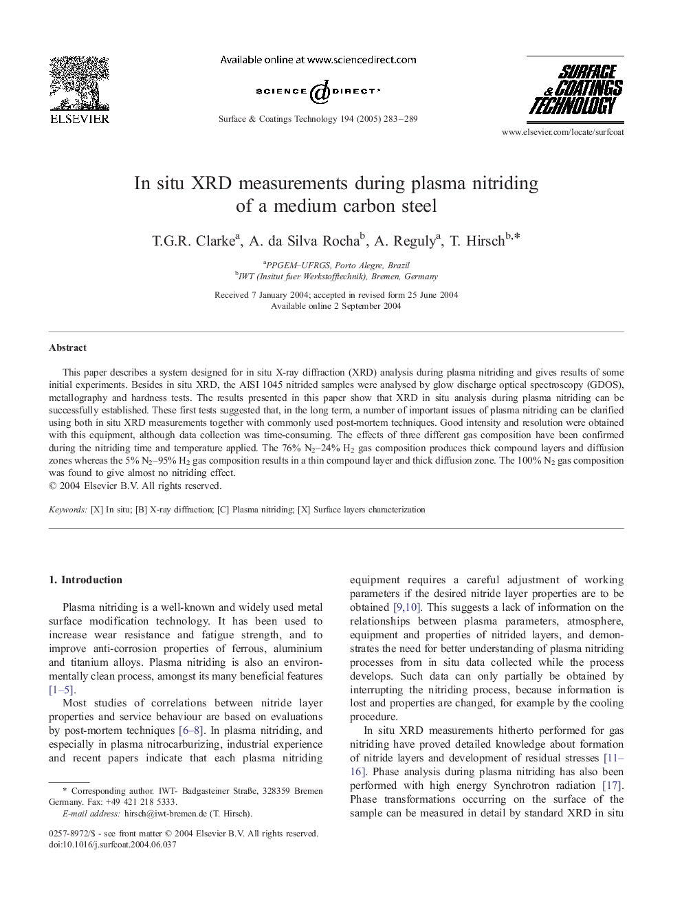 In situ XRD measurements during plasma nitriding of a medium carbon steel