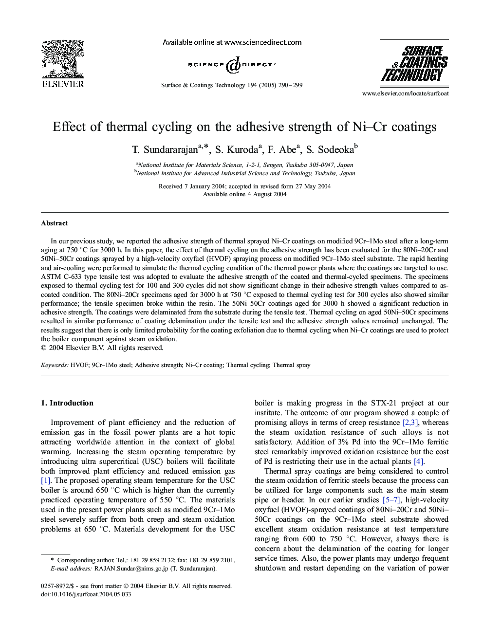 Effect of thermal cycling on the adhesive strength of Ni-Cr coatings