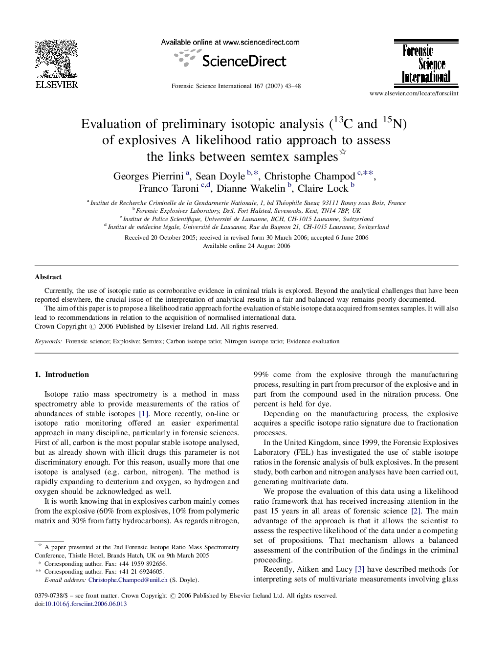 Evaluation of preliminary isotopic analysis (13C and 15N) of explosives A likelihood ratio approach to assess the links between semtex samples 