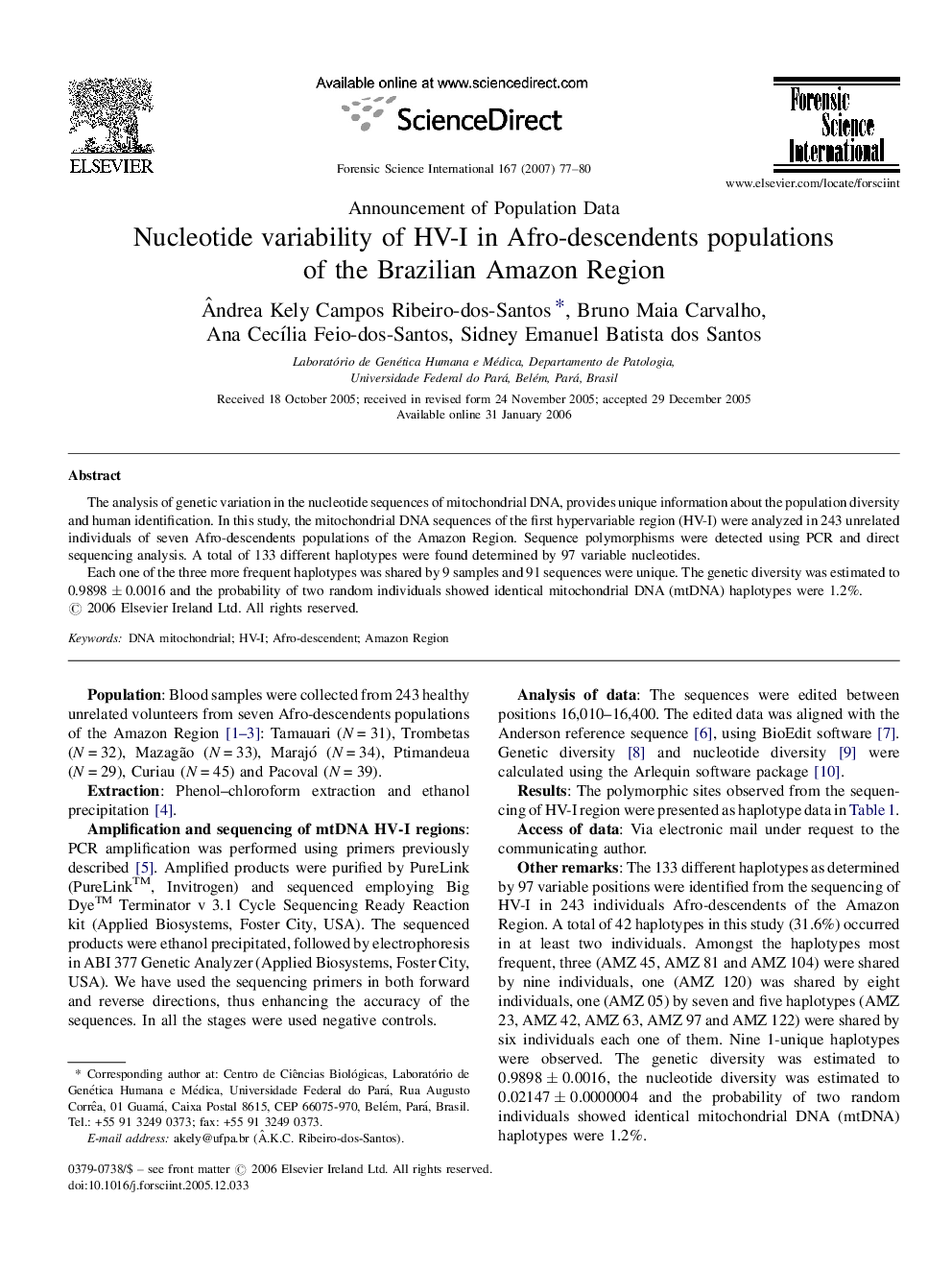 Nucleotide variability of HV-I in Afro-descendents populations of the Brazilian Amazon Region