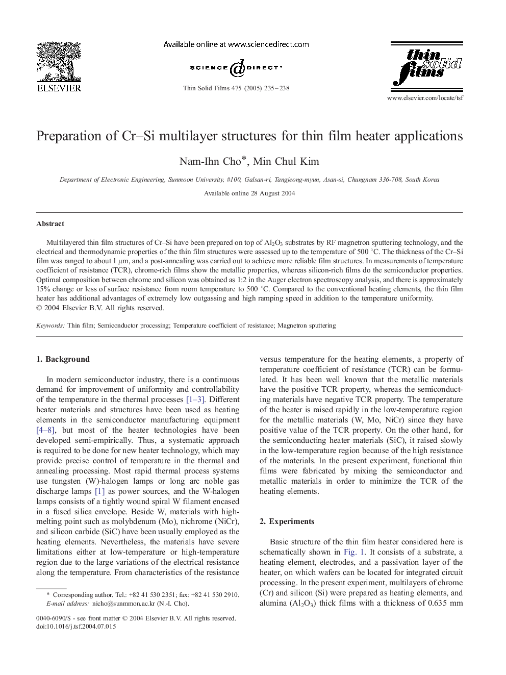 Preparation of Cr-Si multilayer structures for thin film heater applications