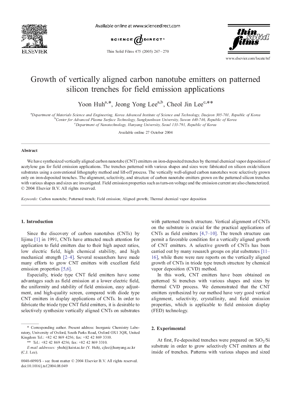 Growth of vertically aligned carbon nanotube emitters on patterned silicon trenches for field emission applications