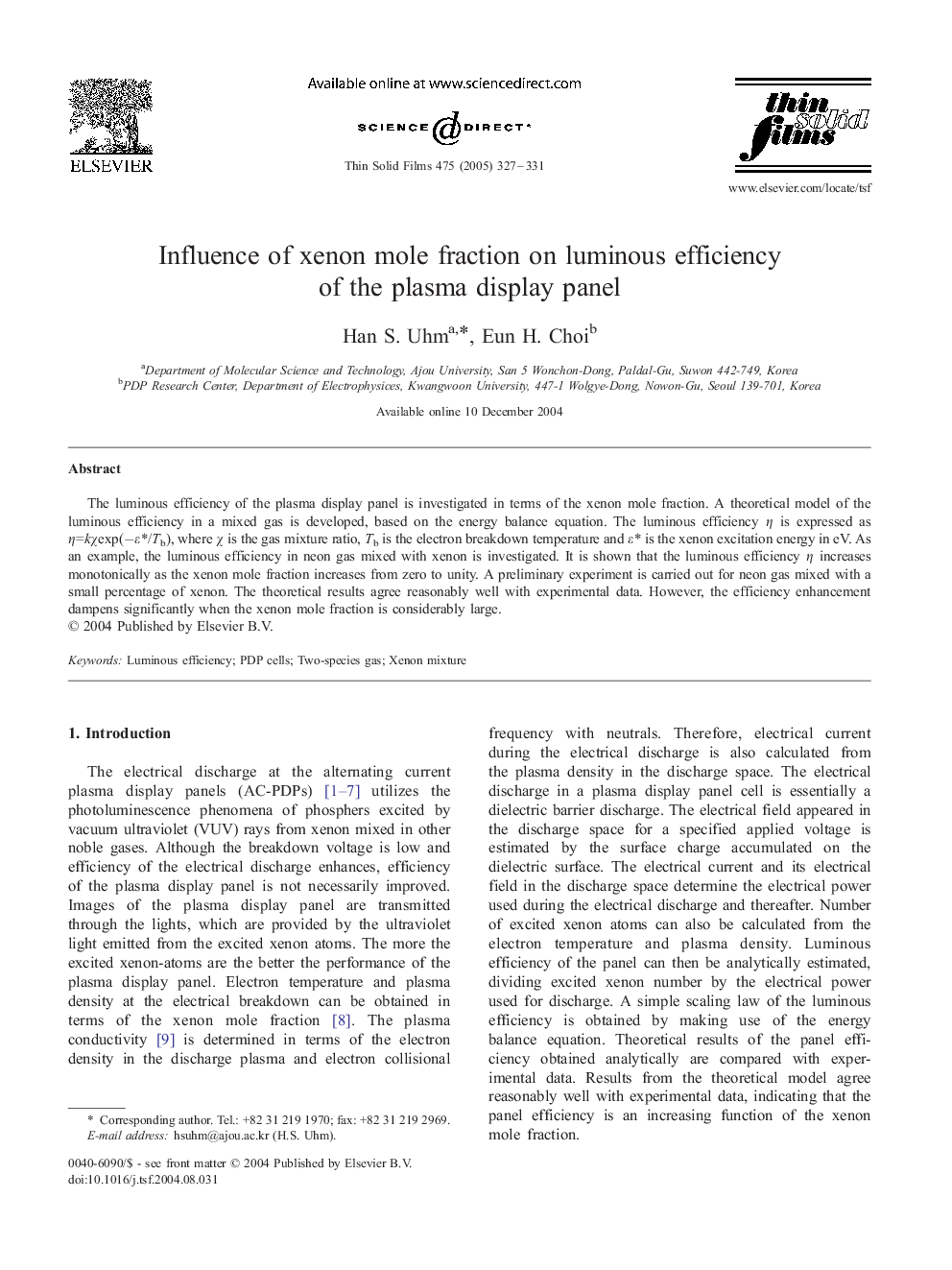 Influence of xenon mole fraction on luminous efficiency of the plasma display panel