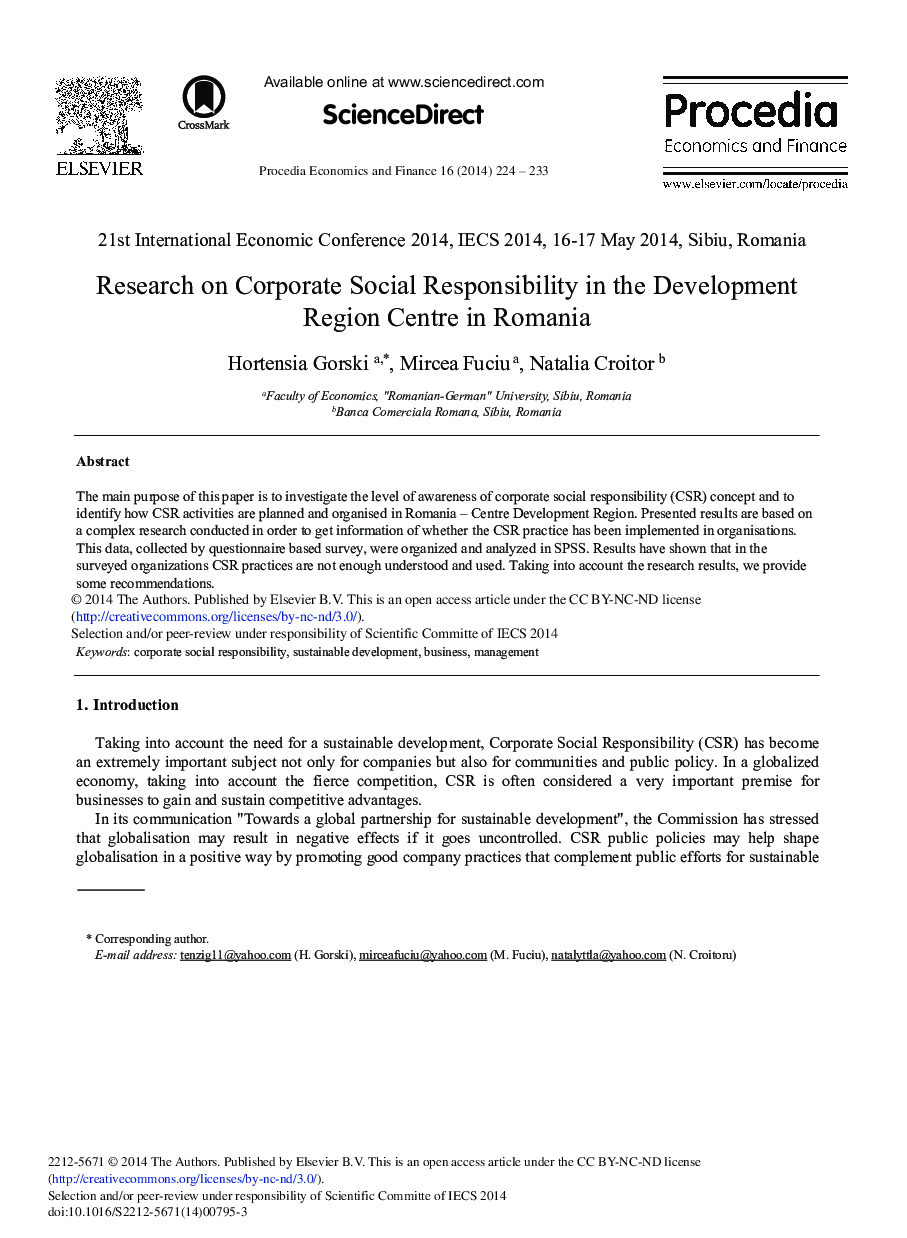 Research on Corporate Social Responsibility in the Development Region Centre in Romania 