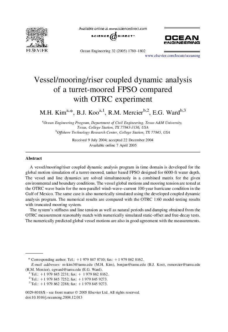 Vessel/mooring/riser coupled dynamic analysis of a turret-moored FPSO compared with OTRC experiment