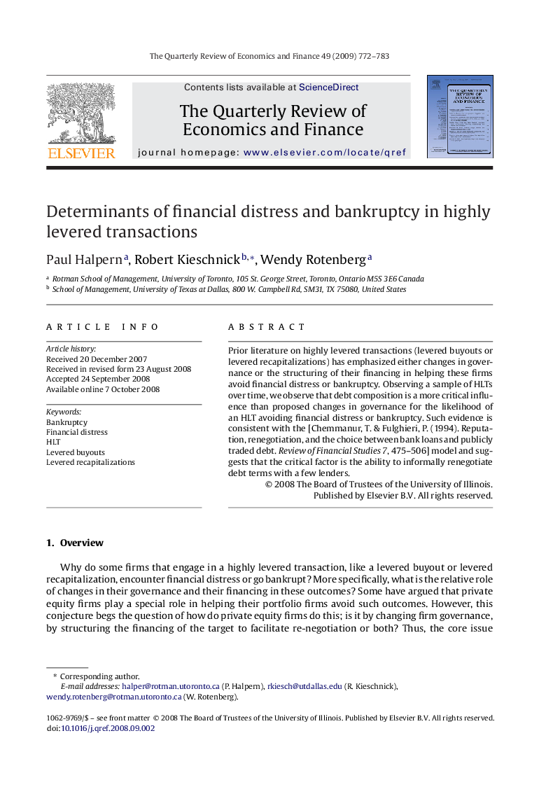 Determinants of financial distress and bankruptcy in highly levered transactions