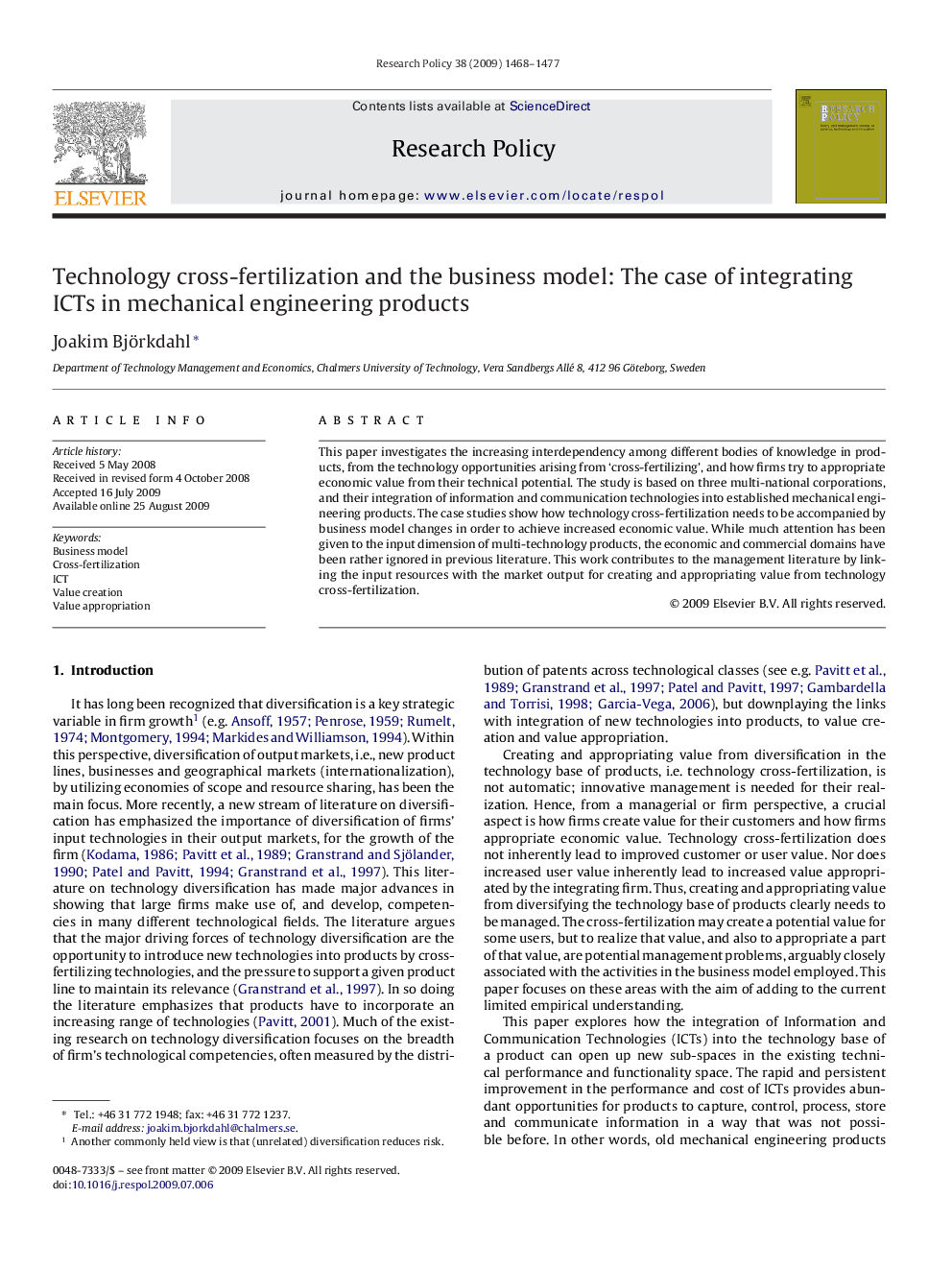 Technology cross-fertilization and the business model: The case of integrating ICTs in mechanical engineering products