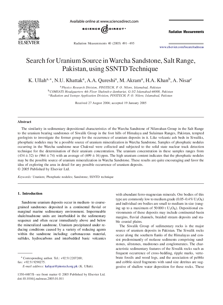 Search for Uranium Source in Warcha Sandstone, Salt Range, Pakistan, using SSNTD Technique