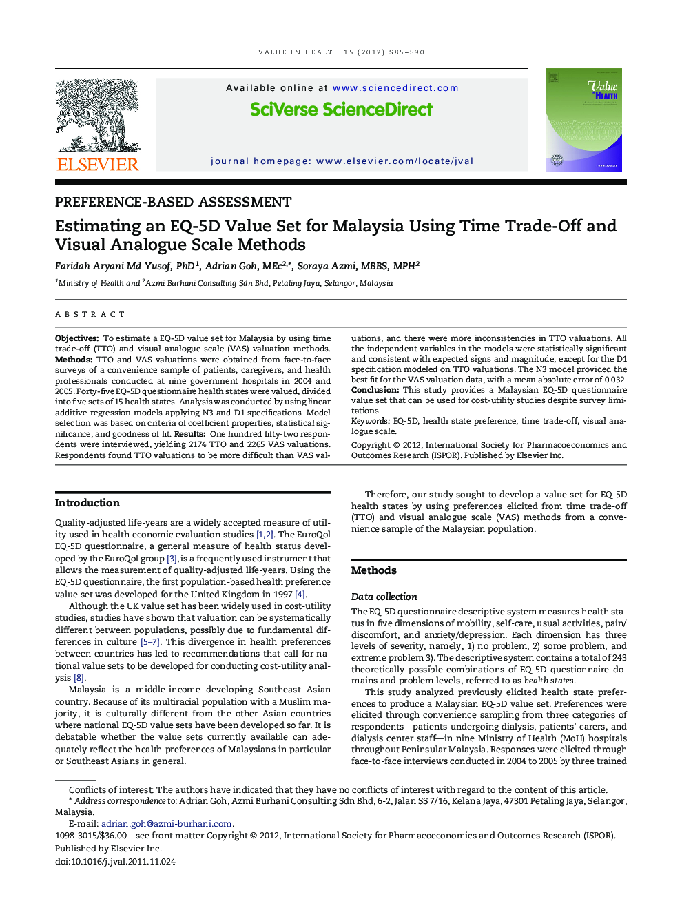 برآورد مجموعه ارزش EQ-5D برای مالزی با استفاده از روش‌های تجارت زمان و مقیاس های آنالوگ ویژوال
