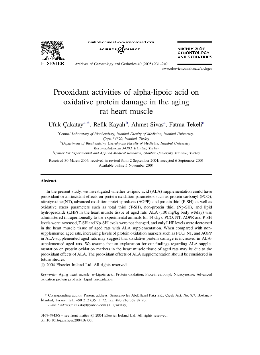 Prooxidant activities of alpha-lipoic acid on oxidative protein damage in the aging rat heart muscle