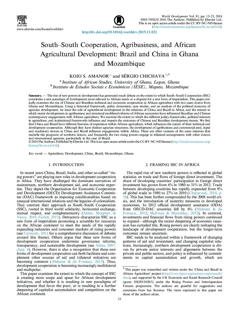 همکاری جنوب و جنوب، محصولات کشاورزی و توسعه کشاورزی آفریقا: برزیل و چین در غنا و موزامبیک