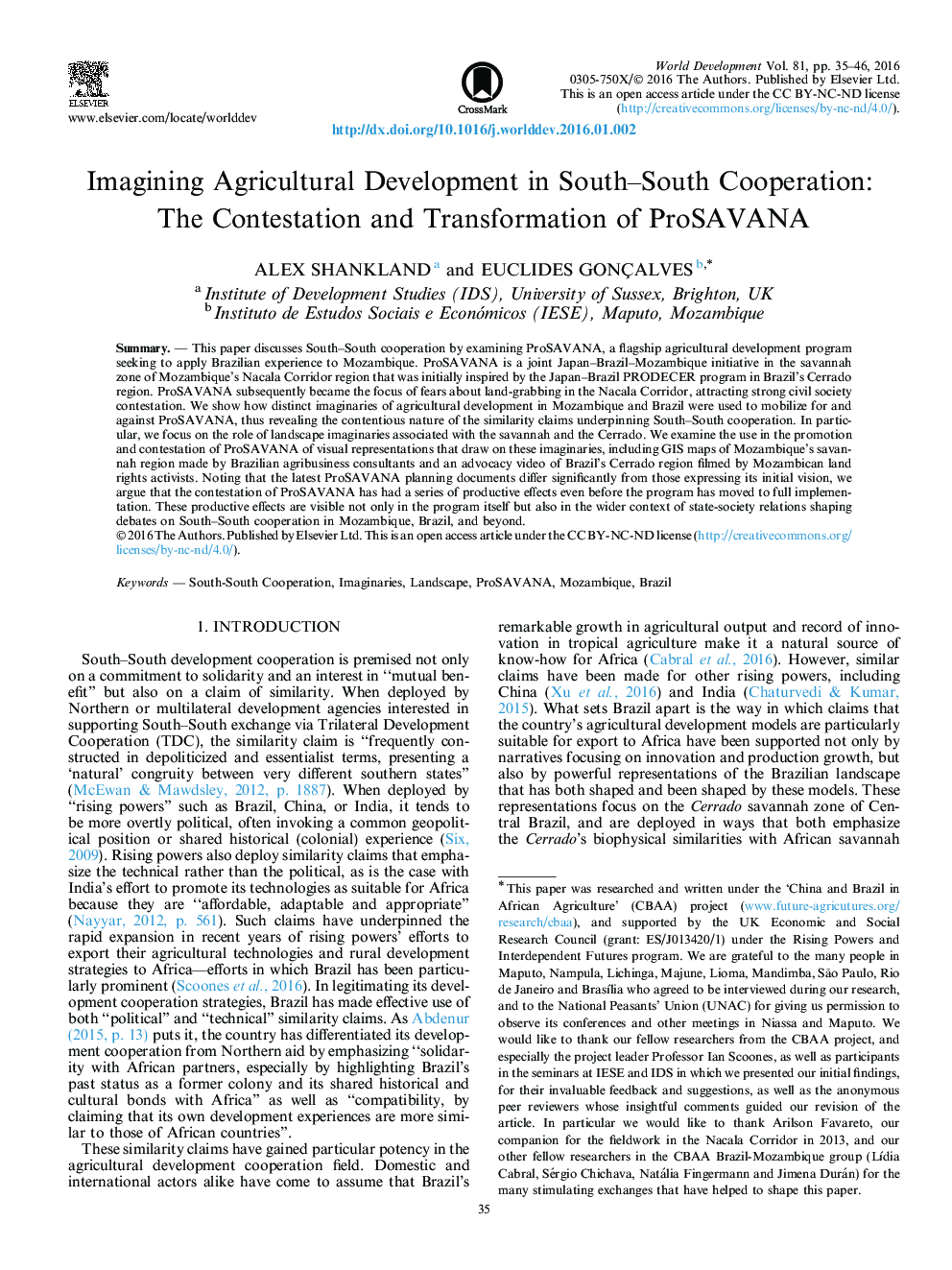 تصویرسازی توسعه کشاورزی در همکاری های جنوب ـ جنوب : اعتراض و انتقال ProSAVANA