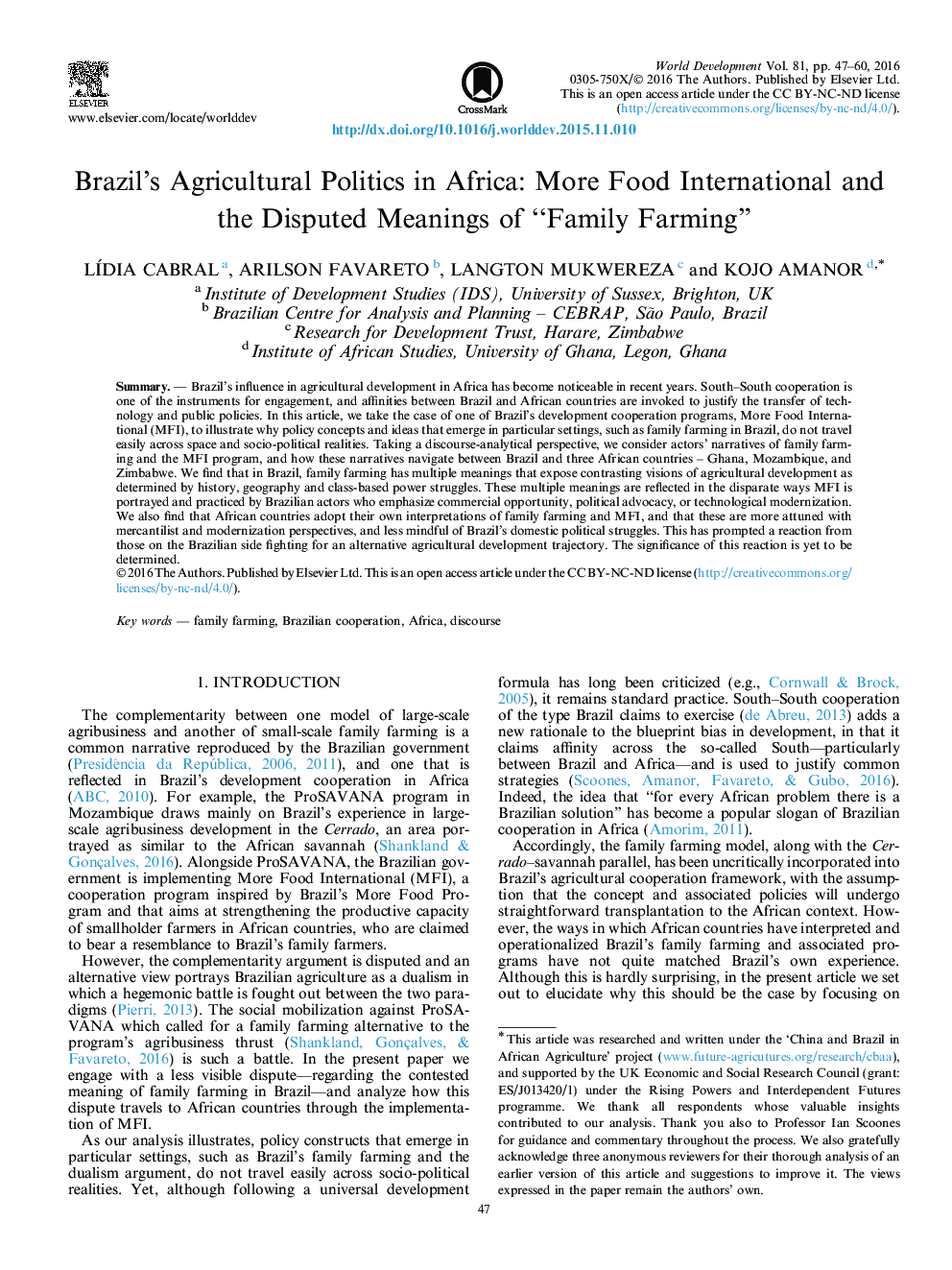 سیاست کشاورزی برزیل در آفریقا: معانی بیشتر بین المللی مواد غذایی و مورد اختلاف "کشاورزی خانواده"