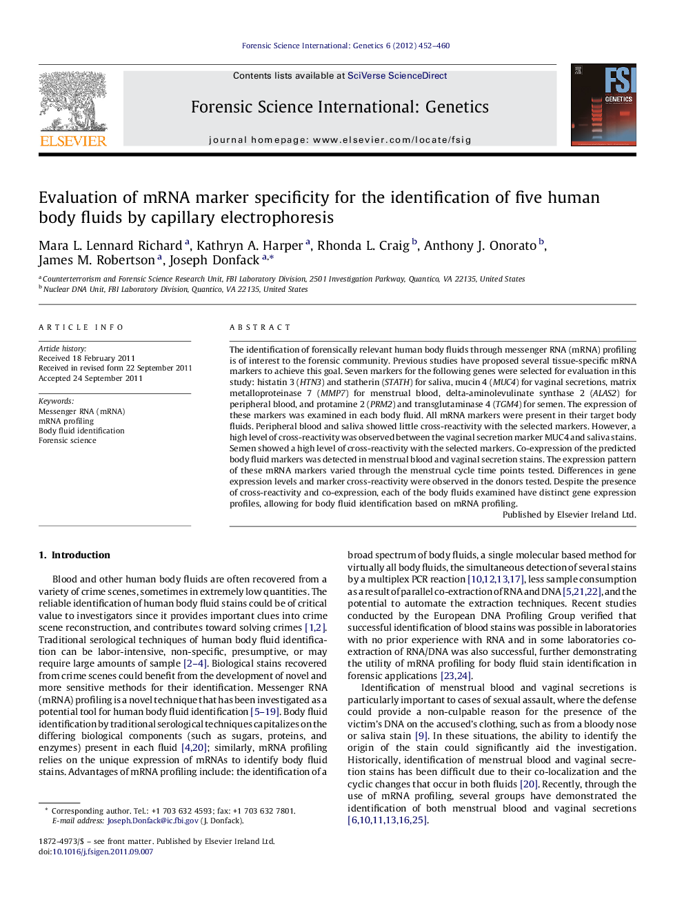 Evaluation of mRNA marker specificity for the identification of five human body fluids by capillary electrophoresis