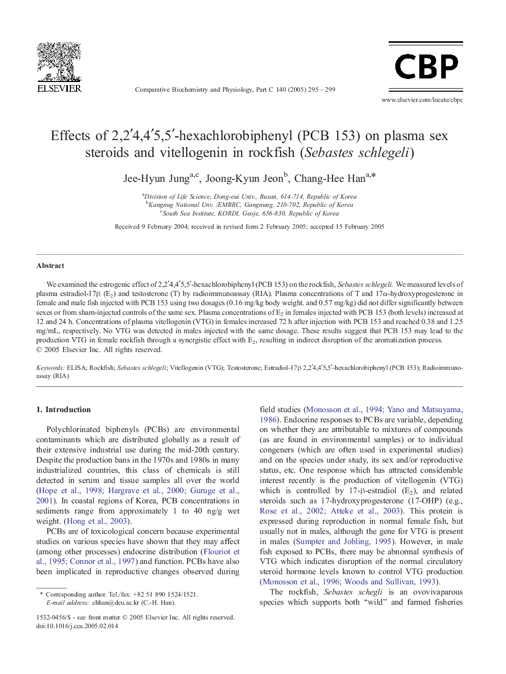 Effects of 2,2â²4,4â²5,5â²-hexachlorobiphenyl (PCB 153) on plasma sex steroids and vitellogenin in rockfish (Sebastes schlegeli)