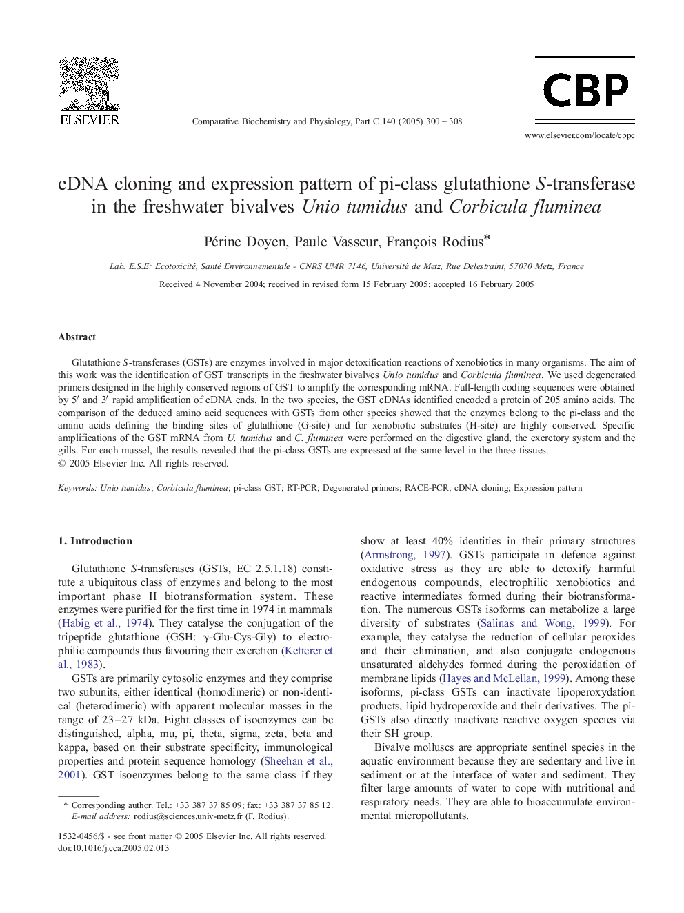 cDNA cloning and expression pattern of pi-class glutathione S-transferase in the freshwater bivalves Unio tumidus and Corbicula fluminea