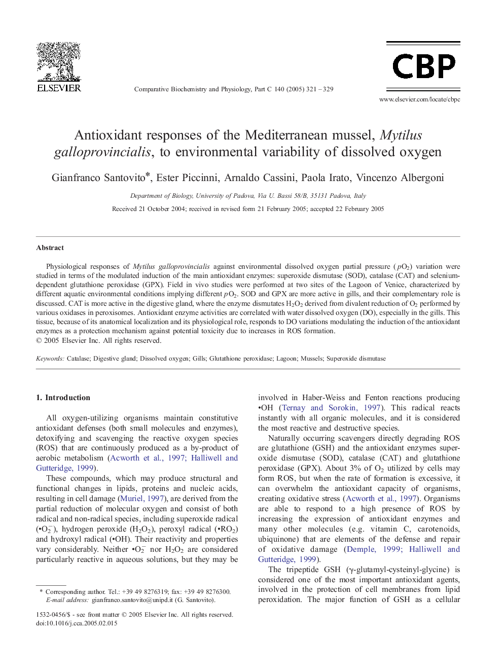 Antioxidant responses of the Mediterranean mussel, Mytilus galloprovincialis, to environmental variability of dissolved oxygen