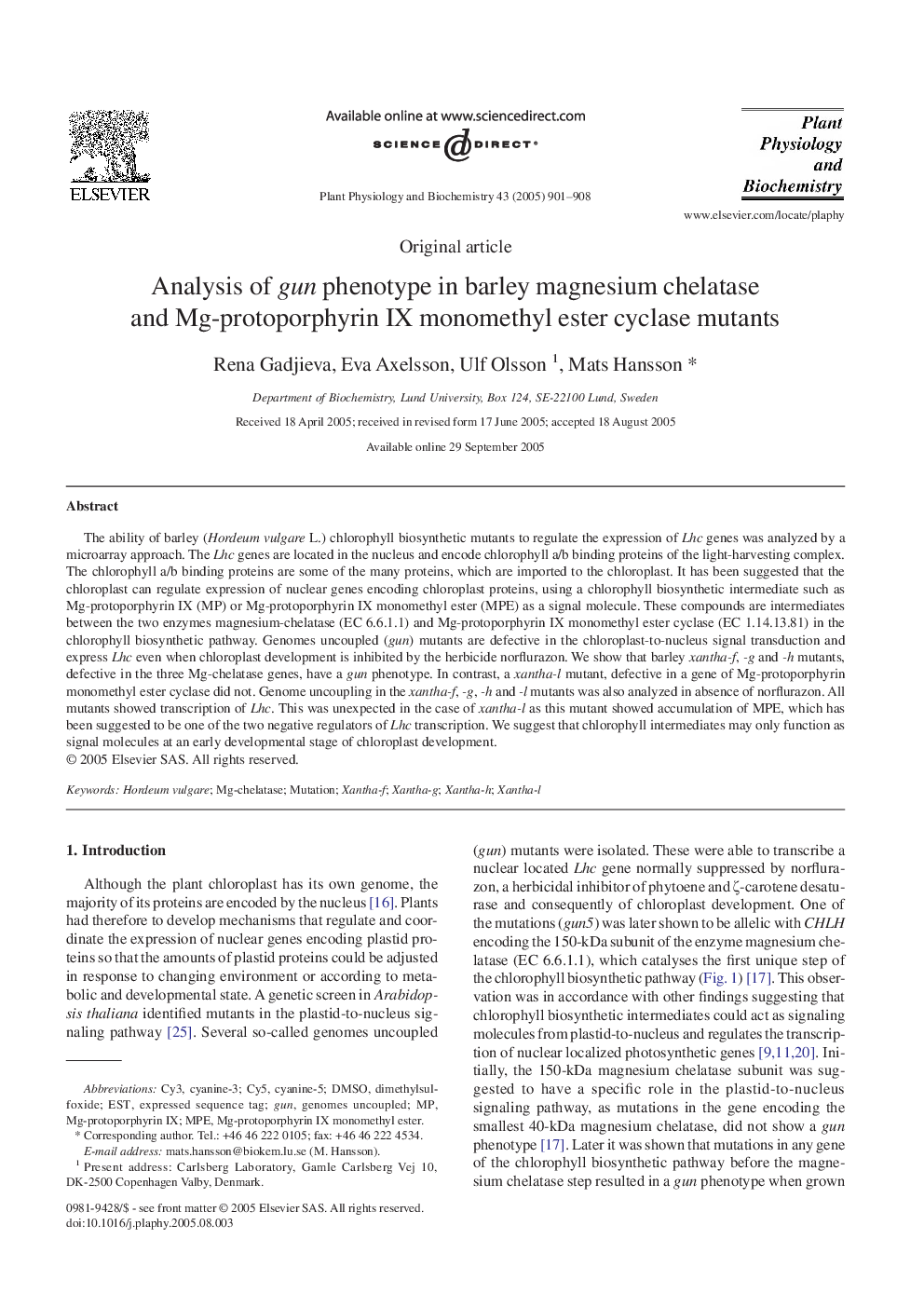 Analysis of gun phenotype in barley magnesium chelatase and Mg-protoporphyrin IX monomethyl ester cyclase mutants
