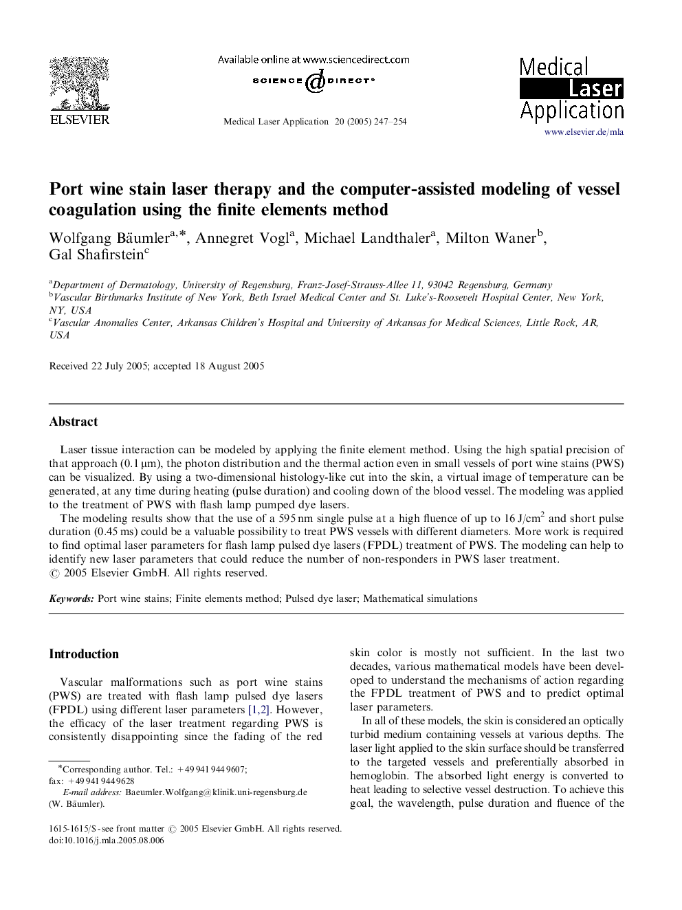 Port wine stain laser therapy and the computer-assisted modeling of vessel coagulation using the finite elements method